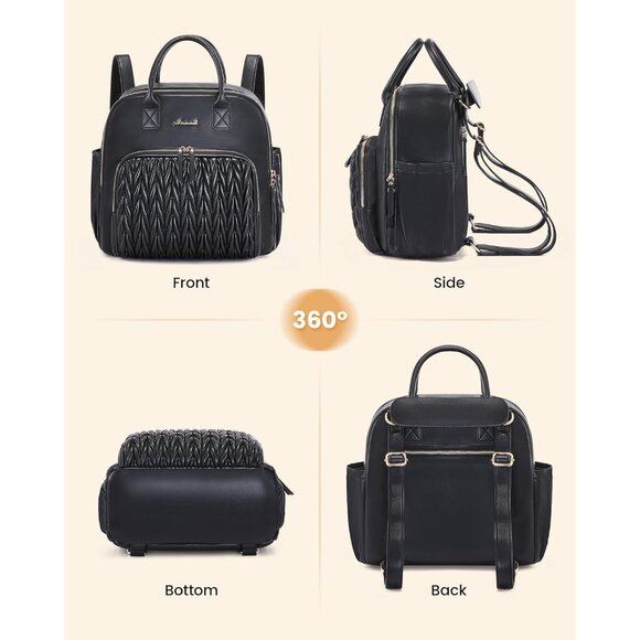 Black Faux Leather Women's Small Stylish Waterproof Daypack Backpack for Travel - Picture 5 of 7